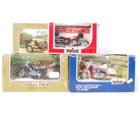 A collection of 3x vintage Polistil 1:15 scale diecast model motorcycles / motorbikes. Comprising of: Honda, Harley Davidson 