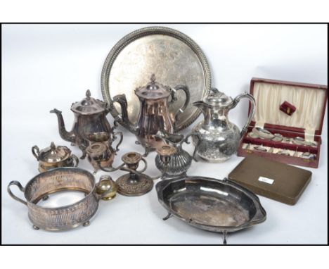 A collection of vintage early 20th century silver plated items to include teapots, creamers, cruets, cased cutlery etc please