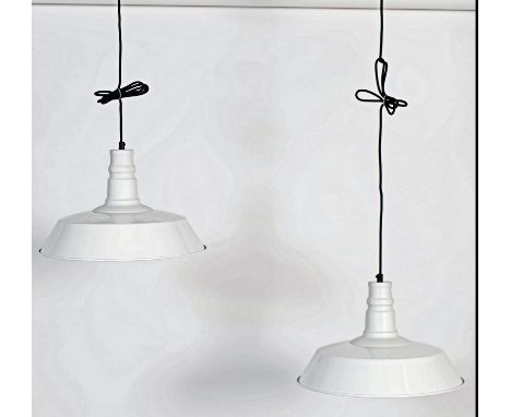 A pair of retro / vintage industrial style factory pendant of enamel metal in the UFO style. both in the&nbsp; white colourwa