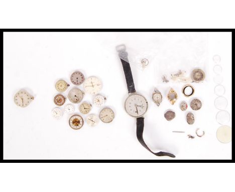 A collection of vintage 20th wristwatch watch movements faces and spares, to include Lewa, Smiths, Eterna, Rotary etc. Please