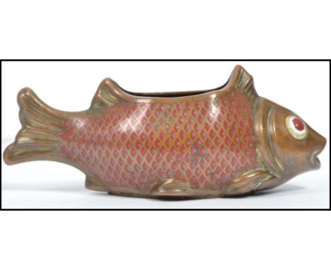 An Oriental Chinese copper and enamel cloisonne paint brush / artist water holder in the form of a carp fish with painted dec