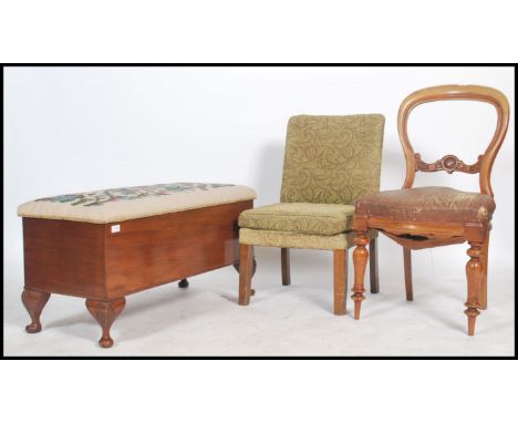 A 1930s tapestry covered topped blanket box / chest raised on cabriole legs together with a 19th century balloon back dining 