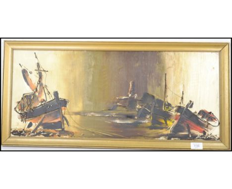 A vintage mid 20th century oil on board painting by&nbsp;Bill Hawkes. A 1970's oil on canvas Brixham trawlers seascape harbou