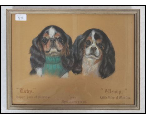 A framed and glazed mid 20th century pastel portrait painting picture of a pair of&nbsp;Cavalier King Charles Spaniels with n