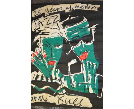A vintage retro 20th century 1980s abstract Jazz poster&nbsp; for the Bulls Head ( Barnes ) 25th Anniversary Jazz festival. T