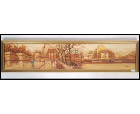 A vintage 20th century oil on canvas painting of a traditional French street scene, signed to corner. Measures 130cms by 25cm