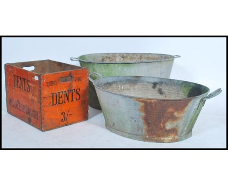 A vintage 20th century advertising point of sale wooden brewery bottle box for Dents along with two Victorian tin baths of la