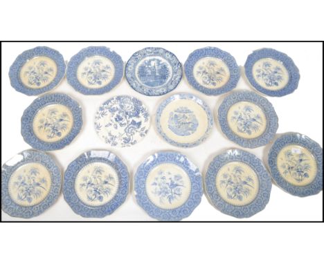 A good group of 19th century blue and white ceramic plates by J R (JR) Stone Ware Regina depicting birds and trees. Measures 