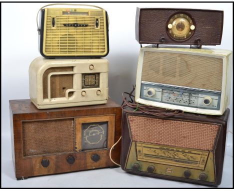 A group of six vintage 20th century radios five being bakelite to include Ferranti, Stella, Straid, HMV, Spidoli etc.