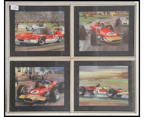 A collection of framed and glazed vintage JPS Lotus picture prints depicting some of the famous JPS Lotus cars from the past.