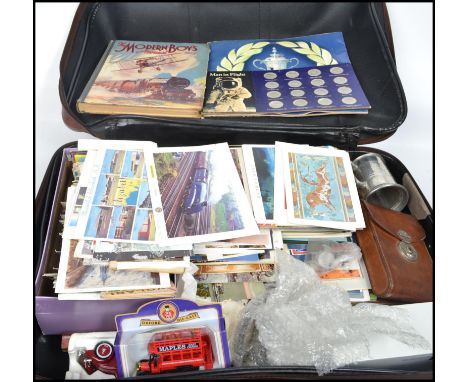Suitcase with quantity of various collectable items:postcards,photos,stamps,ephemera,medallion sets (inc Football), c1920 Kod