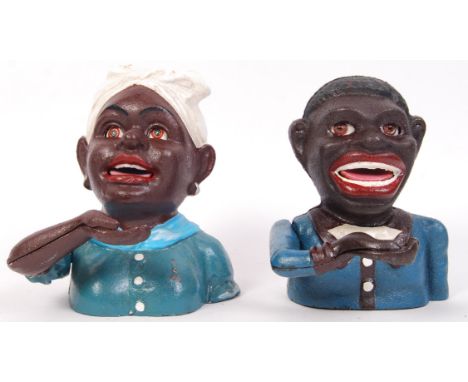 Two 20th century vintage style cast iron male &amp; female Negro money banks. Both measuring approx 17cm tall.&nbsp;