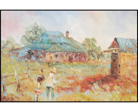 A 20th Century George Wilkinson Austrailian oil on canvas painting, The painting depicting a farmhouse drive with fields and 
