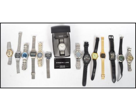 A good group of vintage and contemporary gents watches to include a boxed Christian Lars watch, retro digital watches, Sekond
