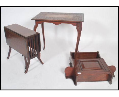 A Victorian oak hanging cabinet with single cupboard and shelves above together with a carved mahogany lamp table and a drop 