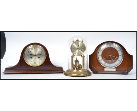 A collection of items to include two mantle clocks one with notation on 45 years service from BR, an Anniversary clock, two b