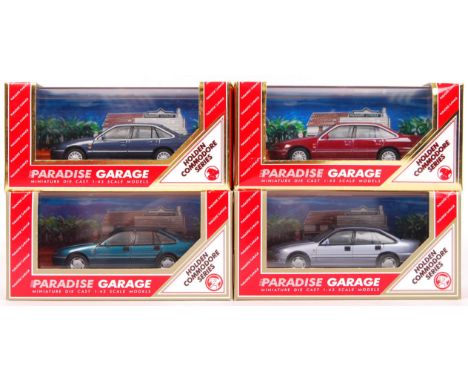 Four 1:43 scale Paradise Garage ' Holden Commodore Series ' diecast model cars to include; 91001 Kira Aqua Metallic, 91011 Ve