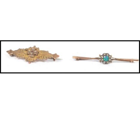 Two 9ct gold Victorian / Edwardian bar brooches, one caving flowers with bead finals and central cross adorned with seed pear