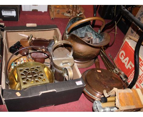 A collection of miscellaneous items to include turned brass fire tools, copper warming pan, brass trivet, brass watering can,