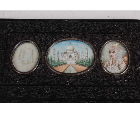 Late 19th century Indian school - The Taj Mahal, miniature watercolour and gouache on bone, framed as an oval, 4.5 x 6cm, in 