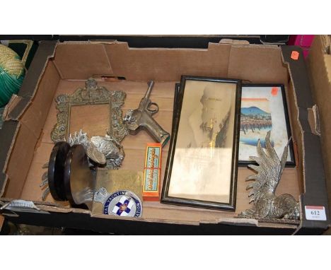 A box of miscellaneous items to include a Bell Brand CH Weiss German harmonica, novelty table lighter in the form of a pistol