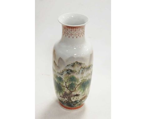 A Chinese vase of baluster form decorated with mountain landscape scene, with Chinese script to shoulder, having red seal mar