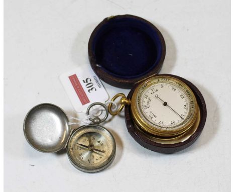 An early 20th century gilt metal cased pocket barometer, having an unsigned silvered dial, in fitted leather case; together w