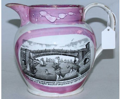 A 19th century Sunderland lustre jug, transfer decorated with a view of Cast Iron Bridge, Sunderland, with The Mariner's Comp