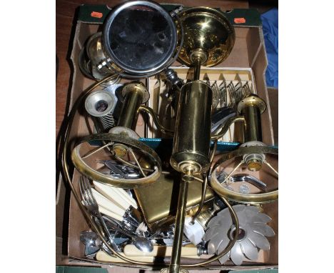 A box of miscellaneous items to include loose flatwares, cigarette box, lacquered brass lamp etc