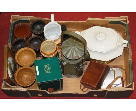 A box of miscellaneous items to include a green painted signal lamp, English pewter tankard, continental bier stein etc