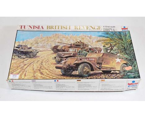 A boxed unbuilt plastic kit 1/72 scale, of Tunisia British Revenge to include German tank, US Scout car, US gun motor carriag