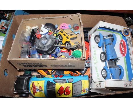 Four boxes of miscellaneous items to include 1/18 scale diecast Bburago Bugatti type 59, Seza 1882 plastic power boat etc