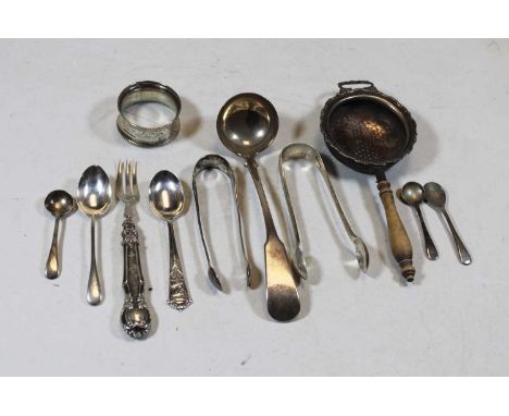 A small collection of miscellaneous items, to include a 19th century silver ladle, silver spoons, sugar tongs etc 