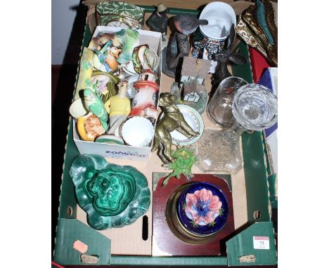 A box of miscellaneous items to include a Moorcroft pottery pin dish, two Robert Harrup Country Companions figures, a Masons 