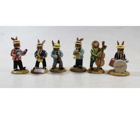 A collection of six Royal Doulton Bunnykins figures from the Jazz Band collection, to include Banjo Player, Drummer, Double B