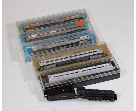 A small collection of N gauge locomotives and tender, to include Bachmann