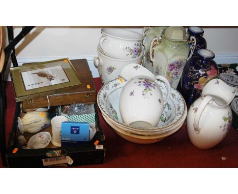 A box of miscellaneous items to include Japanese print, oak canteen, trinket jars and covers etc