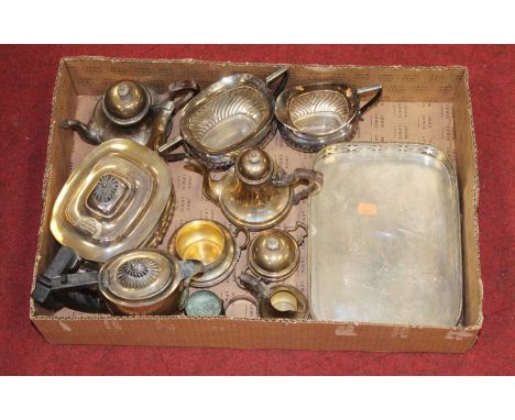 A box of miscellaneous metalwares to include a four piece tea service of half fluted form