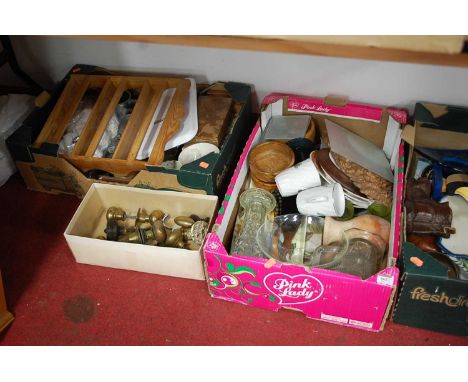 Three boxes containing a collection of glassware, ceramics, treen, and a brass oil lamp 