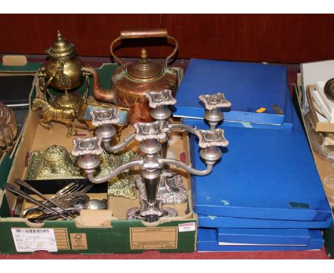 A box of miscellaneous items, to include a Victorian style embossed brass desk stand, brass spirit kettle on stand, copper ra