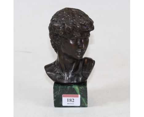 A bronze classical head and shoulders portrait bust of a man, on green marble plinth, height 17cmCondition report: This is a 