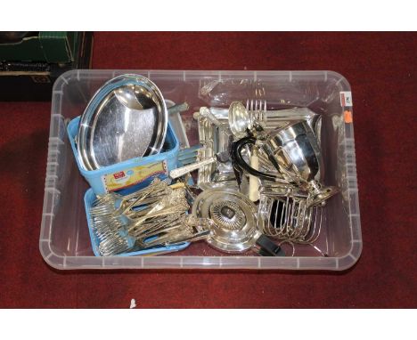 A box of miscellaneous silver plated wares, to include teapot, hot water pot, toast rack, loose flatware etc 