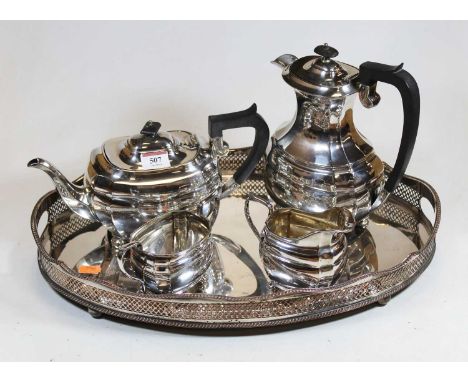 An early 20th century silver plated four-piece tea and coffee service, in the Georgian style, by Hardy Brothers Ltd, on an ov
