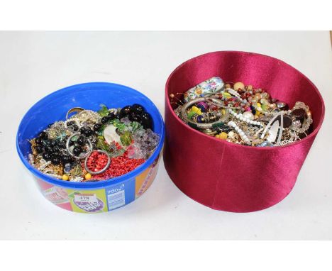 Two boxes of modern costume jewellery, to include faux pearl necklace, faux coral, white metal bangle etc 