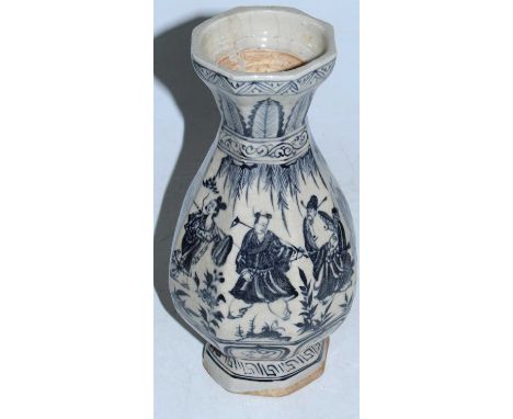 A Chinese style stoneware vase of fluted octagonal form decorated with various scholars, height 28cm