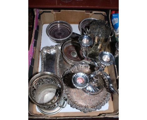 A box of miscellaneous silver plated wares to include bottle sleeves, Old Sheffield plate bottle coasters, salver etc