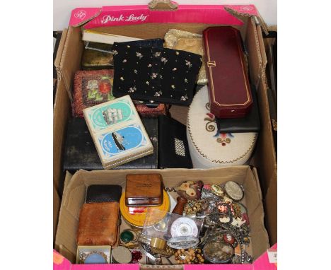 A box of miscellaneous items, to include olive wood stamp box, corkscrew, costume jewellery, lady's evening bag etc 