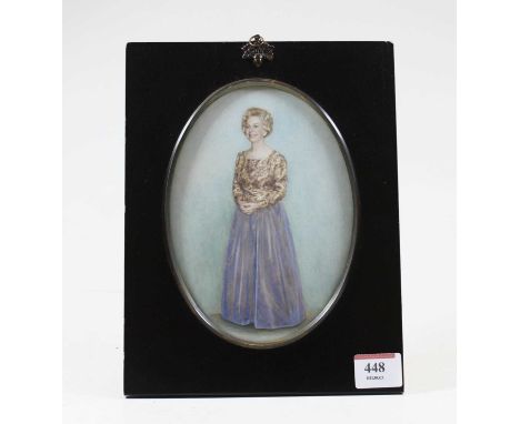 English school, 20th century, full-length portrait of a lady in evening dress, watercolour on card, within ebonised easel fra