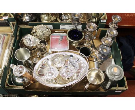 A box of miscellaneous silver plated wares, to include a pair of Old Sheffield plate three sconce candelabra, 'The Windermere