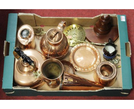 A box of miscellaneous metal wares to include copper kettle, copper tea caddy, warming pan etc